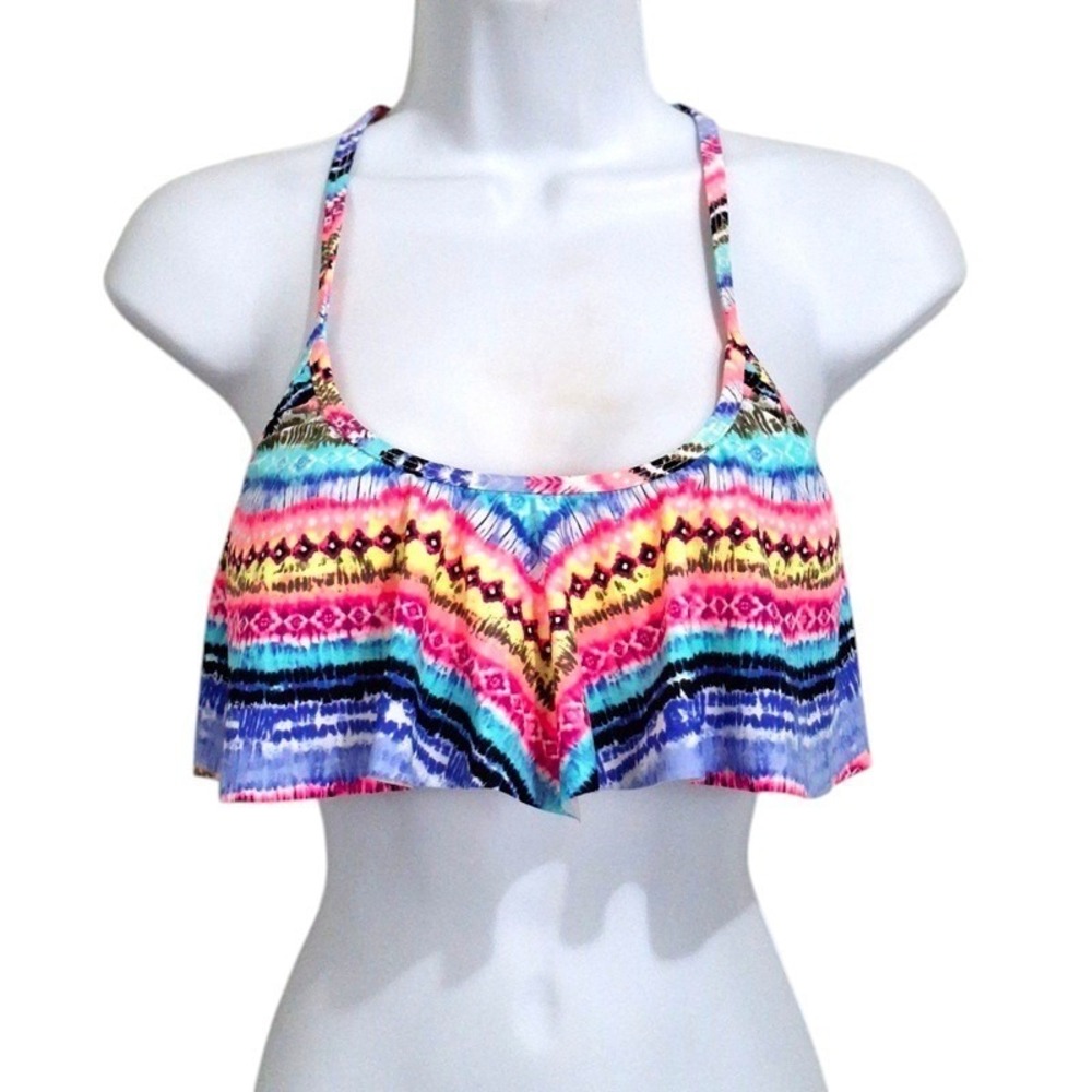 California Waves Flounce Bikini Top Juniors Large Multicolor Strappy Tribal Boho